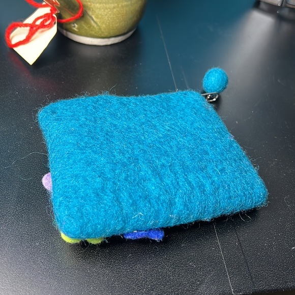 Made in Nepal Teal Wool Floral Applique Coin Pouch - Picture 2 of 4